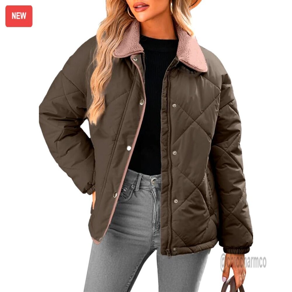 Quilted Puffer Jacket Long Sleeve Button Down Casual Winter Outerwear Coat